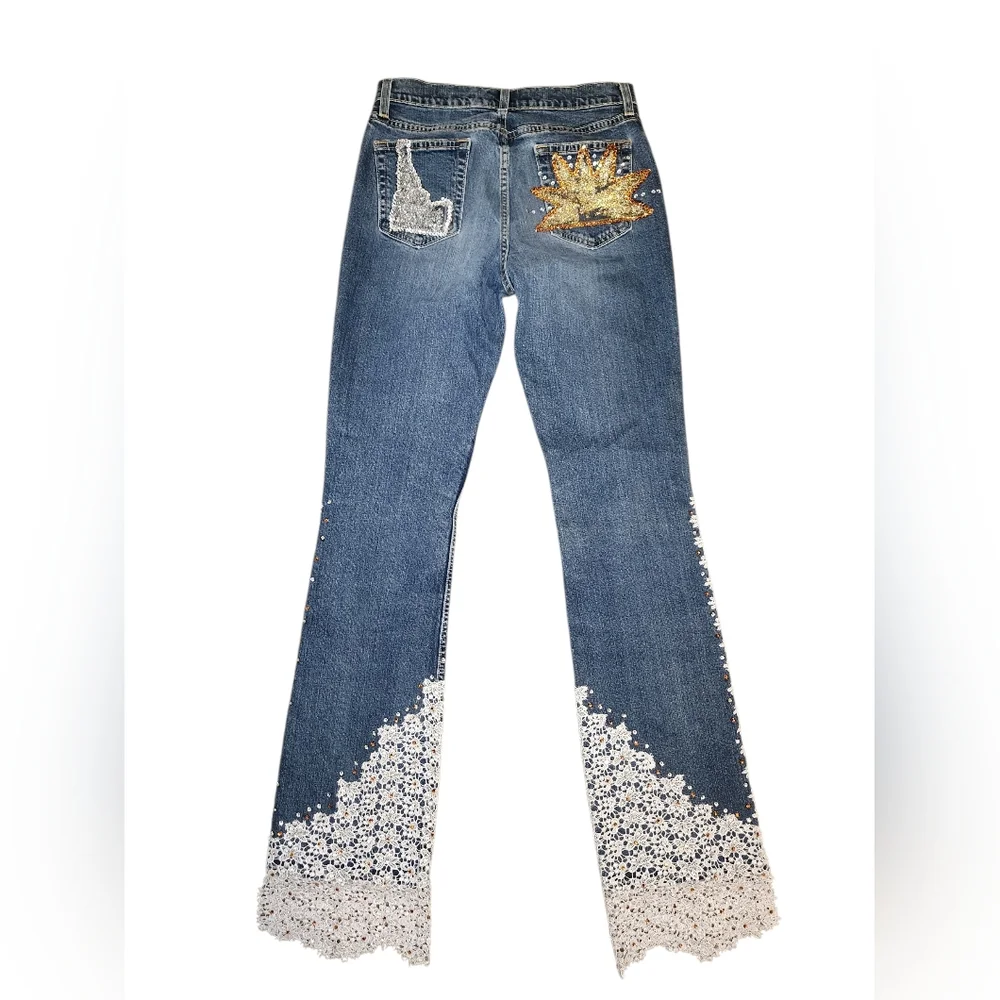 ​VTG Old Navy Y2K Lace Flare Jeans Bedazzled Idaho Star Size 8 Long Custom - Picture 6 of 12